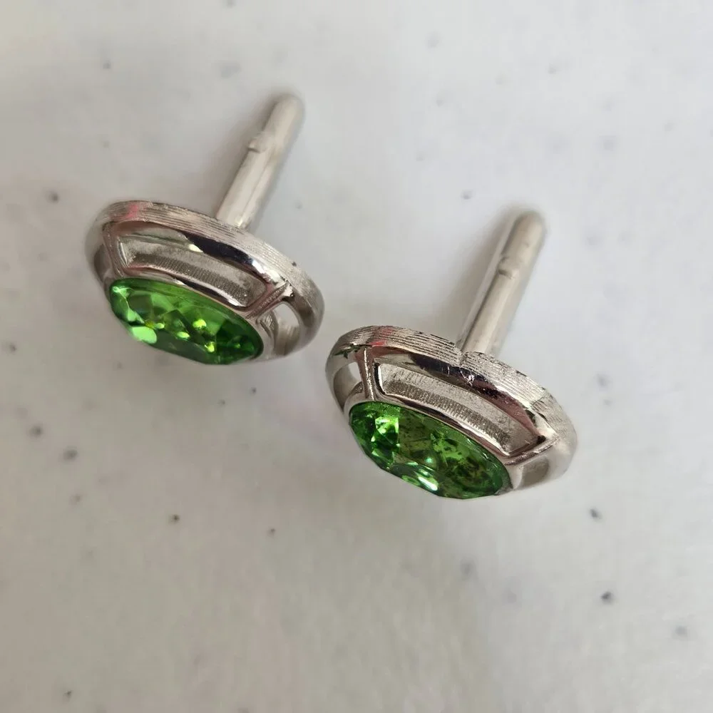 Swank Green Rhinestone Cufflinks Silver Tone Mens Oval Crystal Vintage